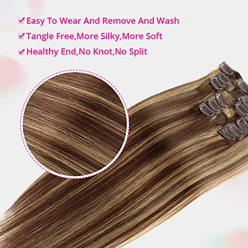 Asteria Hair Clip In Hair Extensions Real Human Hair for Women Highlights Chocolate Brown to Caramel Blonde Colored Hair Extensions Straight Hair 7pcs 120g 20 Inch Clip In Human Hair Extensions - Image 4