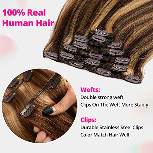 Asteria Hair Clip In Hair Extensions Real Human Hair for Women Highlights Chocolate Brown to Caramel Blonde Colored Hair Extensions Straight Hair 7pcs 120g 20 Inch Clip In Human Hair Extensions - Image 3
