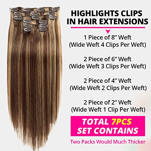 Asteria Hair Clip In Hair Extensions Real Human Hair for Women Highlights Chocolate Brown to Caramel Blonde Colored Hair Extensions Straight Hair 7pcs 120g 20 Inch Clip In Human Hair Extensions - Image 2