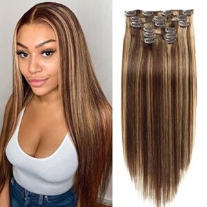 Asteria Hair Clip In Hair Extensions Real Human Hair for Women Highlights Chocolate Brown to Caramel Blonde Colored Hair Extensions Straight Hair 7pcs 120g 20 Inch Clip In Human Hair Extensions