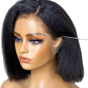 Atina Hair 14 Inch Kinky Straight Lace Front Wig Pre-Plucked Bleached Knots