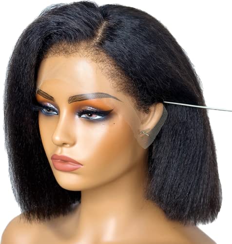 Atina Hair 14 Inch Kinky Straight Lace Front Wig Pre-Plucked Bleached Knots