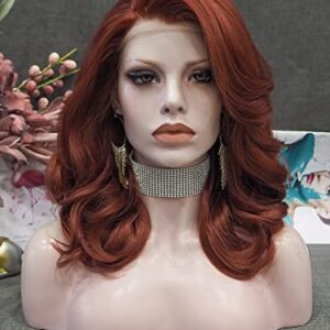Auburn Bob Wavy Lace Front Wigs Black Widow Short Copper Red Synthetic Wigs Heat Resistant Hair Natural Hairline with Glueless Wig for Cosplay (Copper Red)