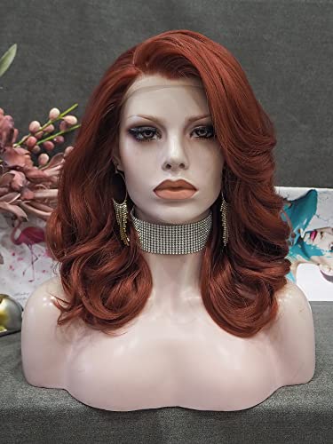 Auburn Bob Wavy Lace Front Wigs Black Widow Short Copper Red Synthetic Wigs Heat Resistant Hair Natural Hairline with Glueless Wig for Cosplay (Copper Red)