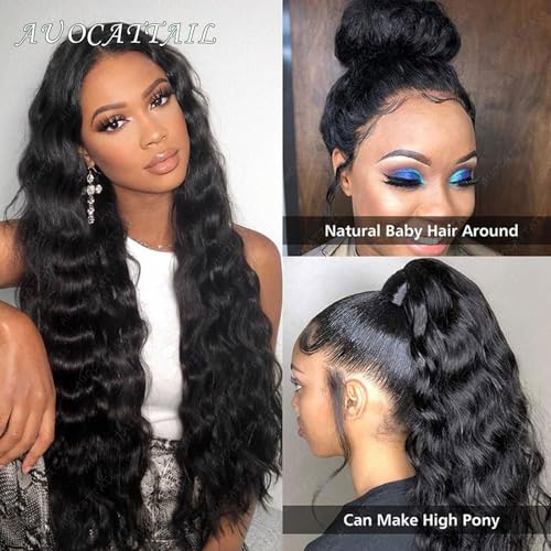 AUOCATTAIL Long Wavy Lace Front Wig Glueless 180% Density HD Transparent Lace Frontal Wigs Pre Plucked for Brazilian Virgin Human Hair Baby Hair Black Women 30 Inch - Image 4