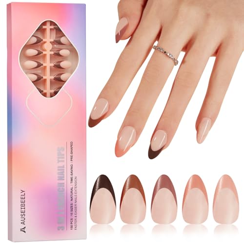 Auseibeely French Gel Nail Tips, 150PCS Short Almond Press on Nails, 3 in 1 X-coat Soft Nail Tips, 5 Colors French Tip Press on Nails with Pre-applied Tip Primer & Base Coat, 15 Sizes of Nail Art DIY