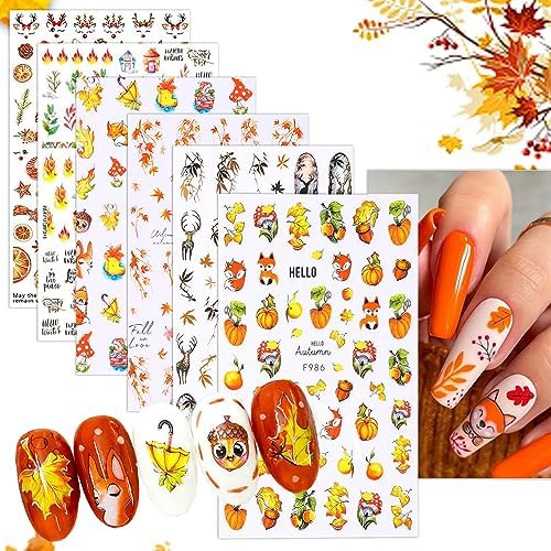 Autumn Nail Art Stickers Decals Thanksgiving Fall Maple Leaf 3D Self-Adhesive Nail Sticker Designs Squirrel Pumpkin Nut Nail Stickers for Thanksgiving Women Manicure Decorations (6 Sheets)
