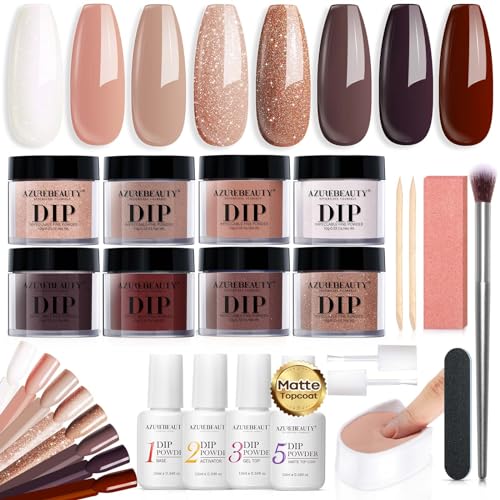 AZUREBEAUTY Dip Nails Powder Starter Kit, Nude Brown Giltter Shimmer 8 Colors Set with Nail Swatch Sticks, Nail Art Base Glossy/Matte Top Coat Activator Essential Liquid Manicure DIY Salon 30 PCS