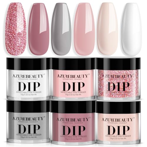 AZUREBEAUTY Dip Powder Nail Set, 6 Colors Classic Nude Collection Skin Tone Glitter Pastel Dipping Powder Starter Kit French Nail Art Manicure DIY Salon Home Gifts for Women, No Need Nail Lamp Cured