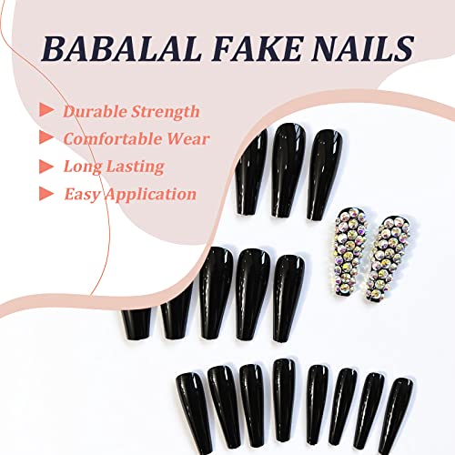 BABALAL 24Pcs Long Black Glossy Coffin Press on Nails with Rhinestones for Women and Girls - Image 6