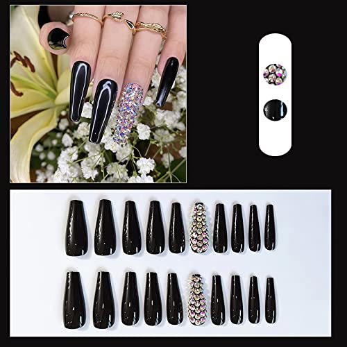 BABALAL 24Pcs Long Black Glossy Coffin Press on Nails with Rhinestones for Women and Girls - Image 4