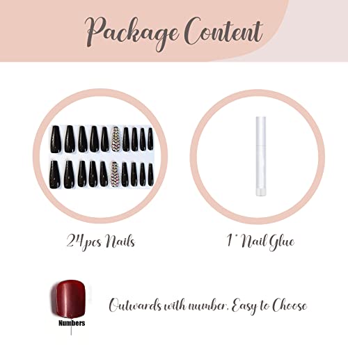 BABALAL 24Pcs Long Black Glossy Coffin Press on Nails with Rhinestones for Women and Girls - Image 5