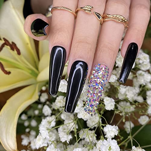 BABALAL 24Pcs Long Black Glossy Coffin Press on Nails with Rhinestones for Women and Girls