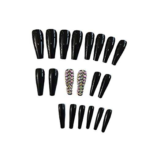 BABALAL 24Pcs Long Black Glossy Coffin Press on Nails with Rhinestones for Women and Girls - Image 3