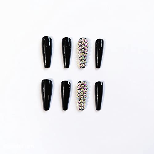 BABALAL 24Pcs Long Black Glossy Coffin Press on Nails with Rhinestones for Women and Girls - Image 2