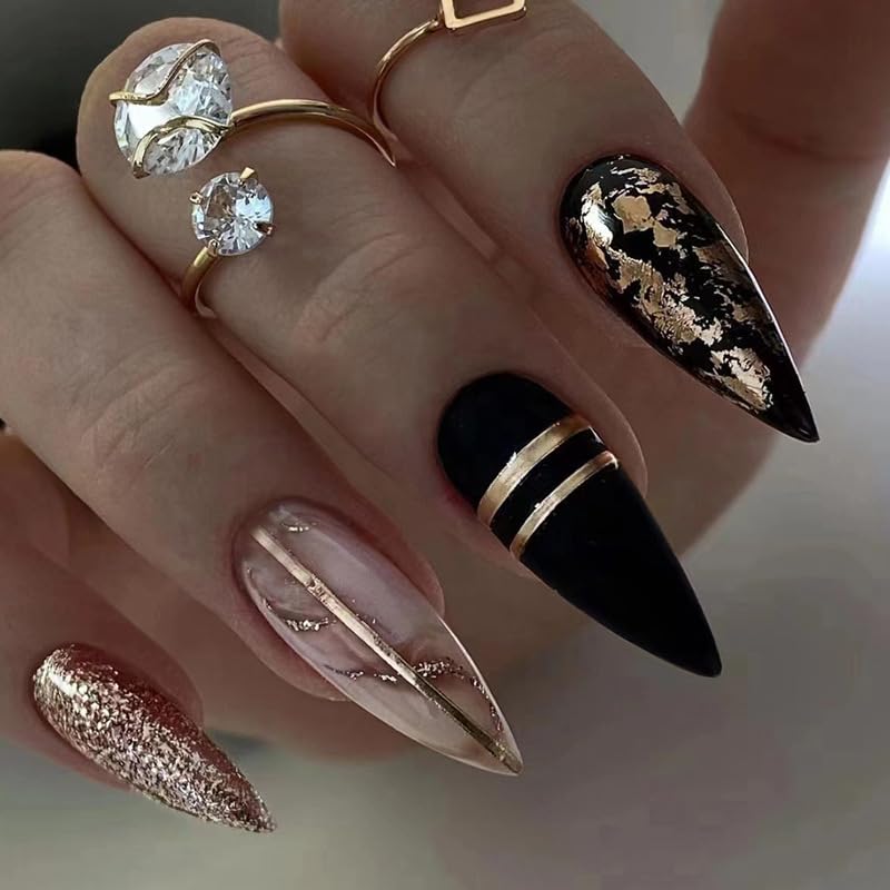 BABALAL Almond Press on Nails Medium Fake Nails Black Gold Stick on Nails 24Pcs Stiletto Acrylic Nails for Women and Girls