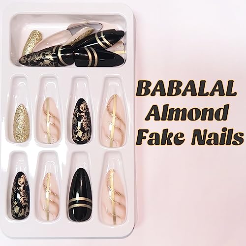 BABALAL Almond Press on Nails Medium Fake Nails Black Gold Stick on Nails 24Pcs Stiletto Acrylic Nails for Women and Girls - Image 3