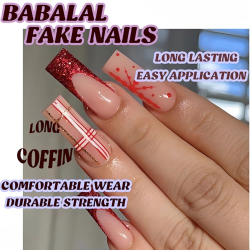 BABALAL Christmas Press on Nails Long Coffin Fake Nails Red French Tip Stick on Nails Snowflake Pattern Acrylic Nails 24Pcs Glitter Ballerina Manicure Artificial False Nails for Women and Girls - Image 4