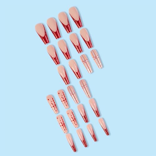 BABALAL Christmas Press on Nails Long Coffin Fake Nails Red French Tip Stick on Nails Snowflake Pattern Acrylic Nails 24Pcs Glitter Ballerina Manicure Artificial False Nails for Women and Girls - Image 3