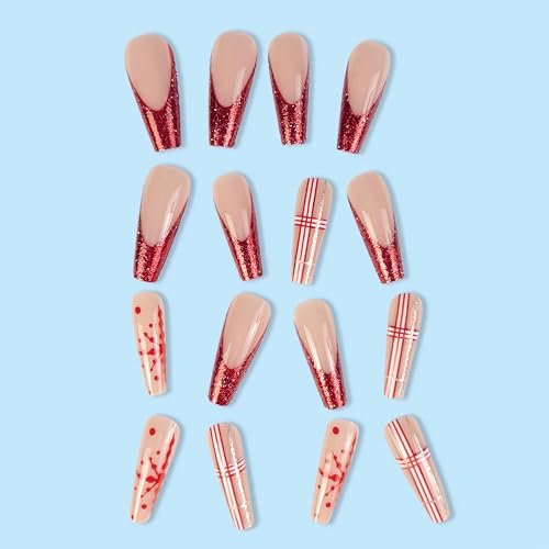 BABALAL Christmas Press on Nails Long Coffin Fake Nails Red French Tip Stick on Nails Snowflake Pattern Acrylic Nails 24Pcs Glitter Ballerina Manicure Artificial False Nails for Women and Girls - Image 2