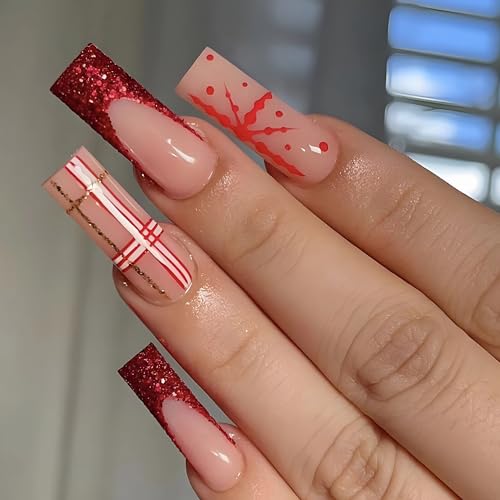 BABALAL Christmas Press on Nails Long Coffin Fake Nails Red French Tip Stick on Nails Snowflake Pattern Acrylic Nails 24Pcs Glitter Ballerina Manicure Artificial False Nails for Women and Girls