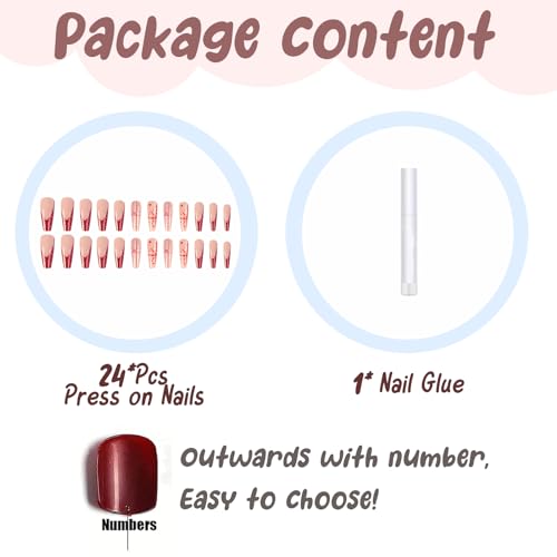 BABALAL Christmas Press on Nails Long Coffin Fake Nails Red French Tip Stick on Nails Snowflake Pattern Acrylic Nails 24Pcs Glitter Ballerina Manicure Artificial False Nails for Women and Girls - Image 5