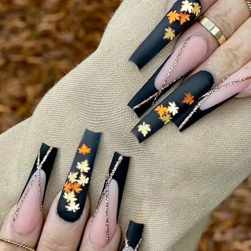 BABALAL Coffin Press on Nails Long Fake Nails Black French Tip Stick on Nails Golden Maple Leaf Acrylic Nails 24Pcs Matte Fall Ballerina Manicure Artificial False Nails for Women and Girls