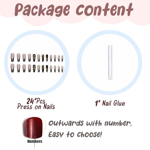 BABALAL Coffin Press on Nails Long Fake Nails Black French Tip Stick on Nails Golden Maple Leaf Acrylic Nails 24Pcs Matte Fall Ballerina Manicure Artificial False Nails for Women and Girls - Image 4