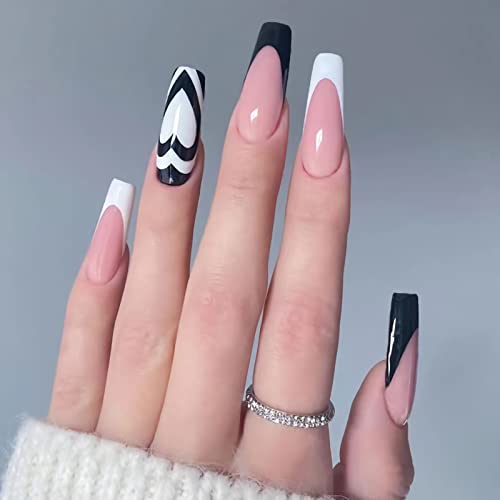 BABALAL Coffin Press on Nails Long Fake Nails White French Glue on Nails Glossy Acrylic Nails Swirl Stick on Nails Valentines Day False Nails for Women and Girls 24Pcs