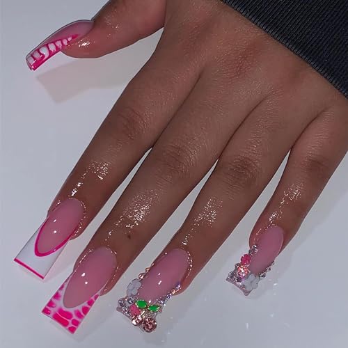 BABALAL Duck Nails Press ons Pink French Tips Press on Nails False Nails with Rhinestone Cherry Flower Designs Glossy Luxury Duck Nail Tips 24pcs Gel Acrylic Manicure False Nails Kit