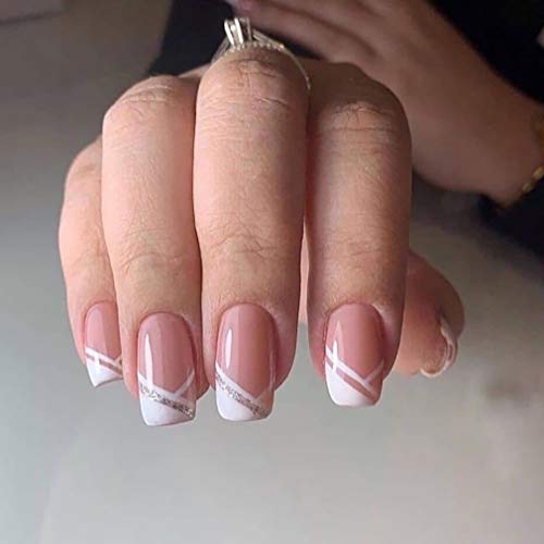 BABALAL French Press on Nails, 24Pcs Pink Fake Nails Medium Square Full Cover Acrylic Nail Tips for Women and Girls