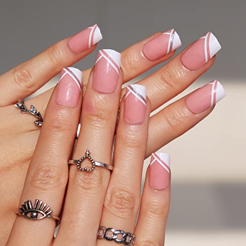 BABALAL French Press on Nails, 24Pcs Pink Fake Nails Medium Square Full Cover Acrylic Nail Tips for Women and Girls - Image 3