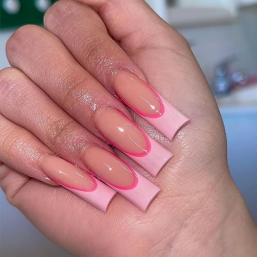 BABALAL Long Square Press on Nails Pink French Tip Fake Nails Acrylic Nails 24pcs Shiny Squoval Artificial Valentines False Nails for Women and Girls