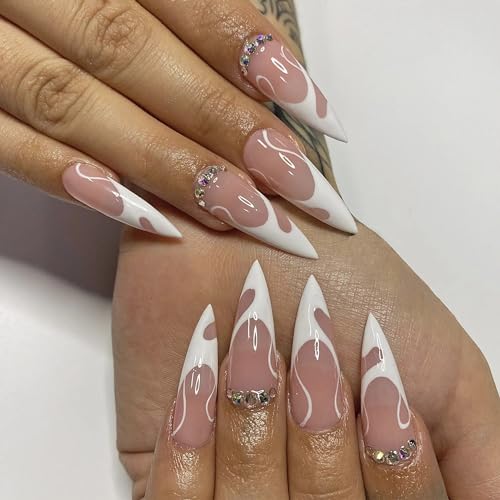 BABALAL Long Stiletto Press on Nails White Fake Nails French Tip Glue on Nails Rhinestone Acrylic Nails 24Pcs Almond Shiny Manicure False Nails for Women and Girls