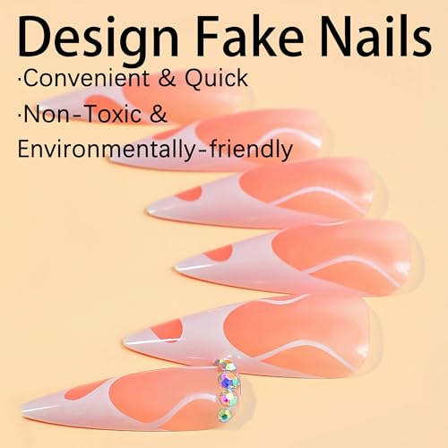 BABALAL Long Stiletto Press on Nails White Fake Nails French Tip Glue on Nails Rhinestone Acrylic Nails 24Pcs Almond Shiny Manicure False Nails for Women and Girls - Image 2