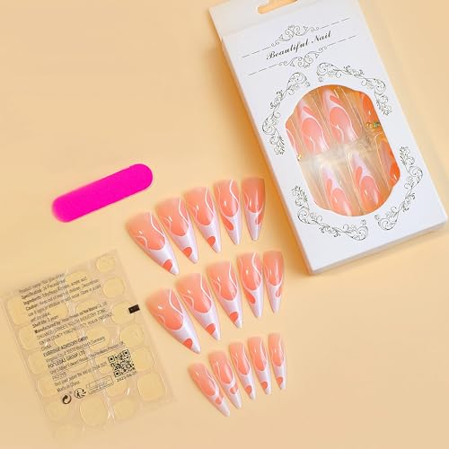 BABALAL Long Stiletto Press on Nails White Fake Nails French Tip Glue on Nails Rhinestone Acrylic Nails 24Pcs Almond Shiny Manicure False Nails for Women and Girls - Image 4