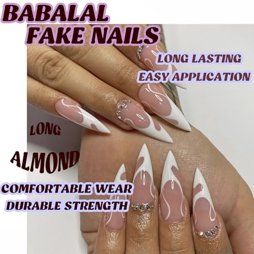 BABALAL Long Stiletto Press on Nails White Fake Nails French Tip Glue on Nails Rhinestone Acrylic Nails 24Pcs Almond Shiny Manicure False Nails for Women and Girls - Image 5