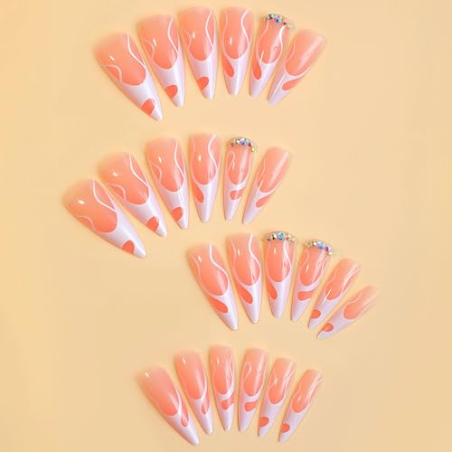 BABALAL Long Stiletto Press on Nails White Fake Nails French Tip Glue on Nails Rhinestone Acrylic Nails 24Pcs Almond Shiny Manicure False Nails for Women and Girls - Image 3