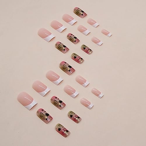 BABALAL Medium Square Press on Nails 24Pcs White French Tip Heart Acrylic Squoval - Image 3
