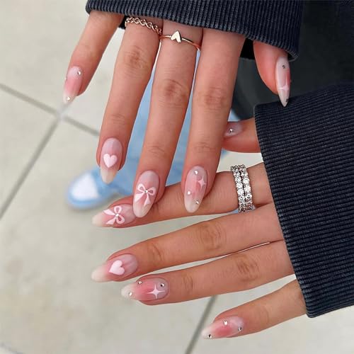 BABALAL Pink Press on Nails Medium Almond Fake Nails Heart Glue on Nails Bow Acrylic Nails Shiny Rhinestone Stiletto 24Pcs Glossy Manicure False Nails