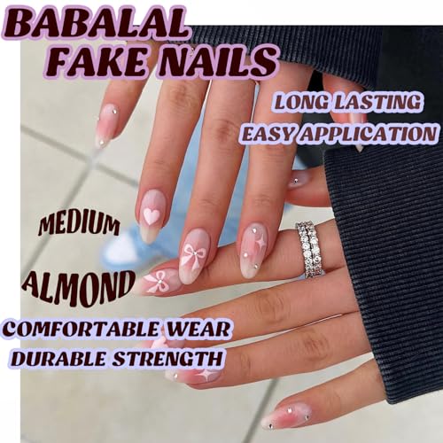 BABALAL Pink Press on Nails Medium Almond Fake Nails Heart Glue on Nails Bow Acrylic Nails Shiny Rhinestone Stiletto 24Pcs Glossy Manicure False Nails - Image 5