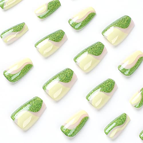 BABALAL Press on Nails Medium Coffin Fake Nails Green Glue on Nails Swirl Acrylic Nails Ballerina Stick on Nails for Women and Girls 24Pcs - Image 3