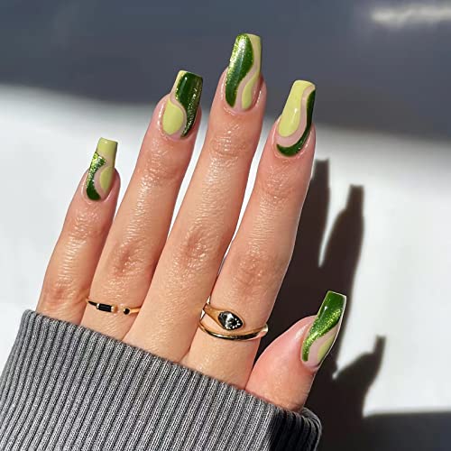 BABALAL Press on Nails Medium Coffin Fake Nails Green Glue on Nails Swirl Acrylic Nails Ballerina Stick on Nails for Women and Girls 24Pcs