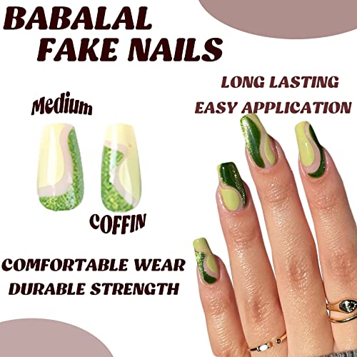 BABALAL Press on Nails Medium Coffin Fake Nails Green Glue on Nails Swirl Acrylic Nails Ballerina Stick on Nails for Women and Girls 24Pcs - Image 5