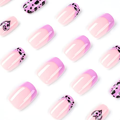 BABALAL Press on Nails Short Fake Nails Square Glue on Nails Purple Acrylic Nails Squoval Leopard Print Stick on Nails for Women and Girls 24Pcs - Image 3