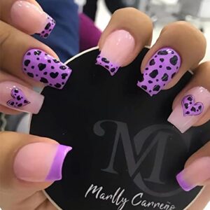 BABALAL Press on Nails Short Fake Nails Square Glue on Nails Purple Acrylic Nails Squoval Leopard Print Stick on Nails for Women and Girls 24Pcs