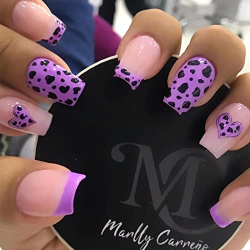 BABALAL Press on Nails Short Fake Nails Square Glue on Nails Purple Acrylic Nails Squoval Leopard Print Stick on Nails for Women and Girls 24Pcs