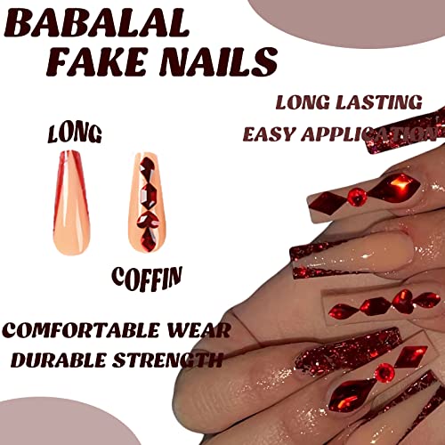 BABALAL Red Press on Nails Long Fake Nails Coffin Glue on Nails Ballerina Acrylic Nails 24Pcs Rhinestones Nails for Women and Girls - Image 5