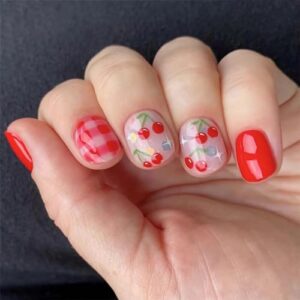 BABALAL Red Press on Nails Short Square Fake Nails Cherry Glue on Nails 24Pcs Squoval Full Cover Cute False Nails with Design
