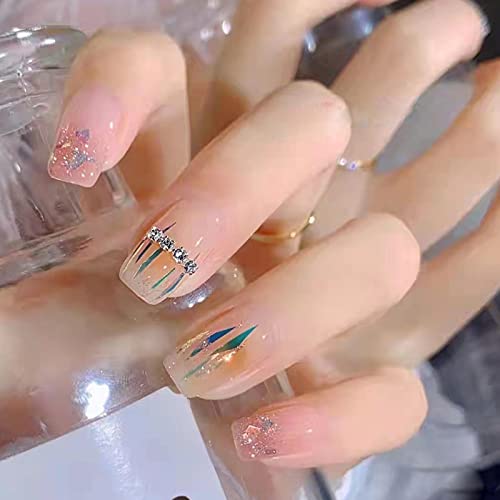 BABALAL Rhinestone Press on Nails Square Fake Nails Squoval Nails Short False Nails Glossy Acrylic Nails for Women and Girls